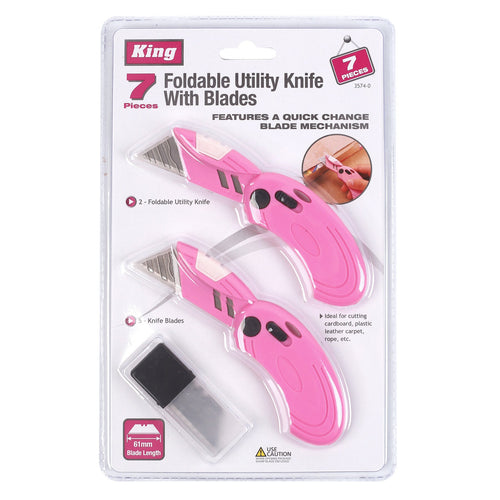 3574-0 - 7-PC PINK FOLDABLE UTILITY KNIFE W/ EXTRA BLADE SET