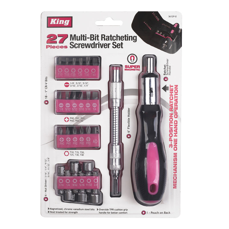 3612-0P - 27-PC PINK MULTI-BIT RATCHETING SCREWDRIVER SET