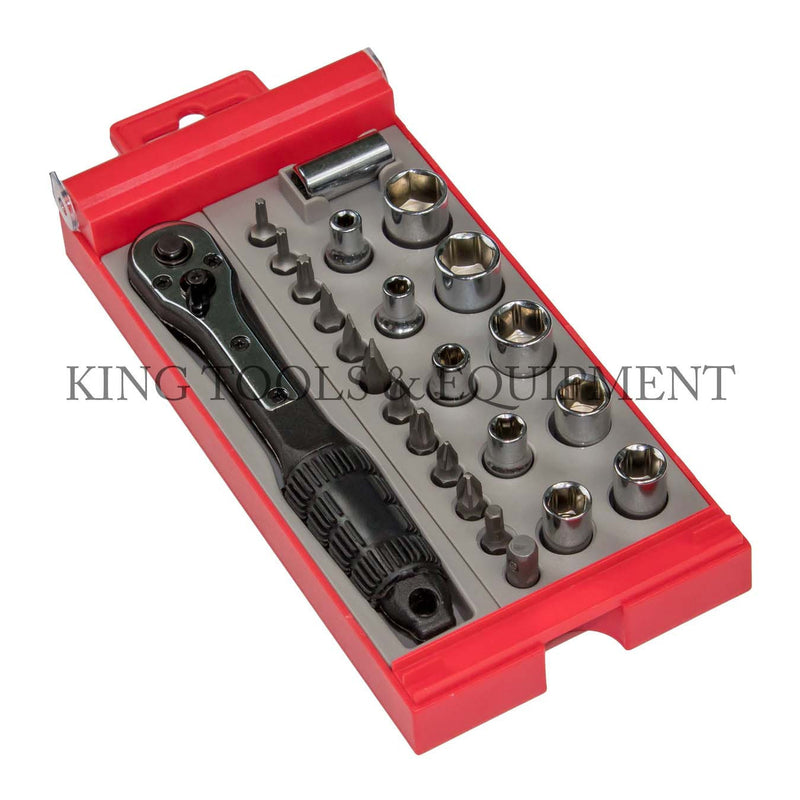 KING 24-pc 1/4" Dr. Compact BIT and SOCKET SET w/ Stubby Ratchet Handle and Case, SAE