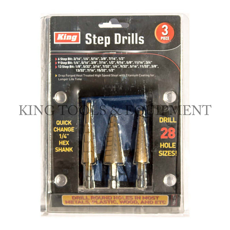 KING 3-pc 28-Size STEP DRILL SET, 1/4" Hex Shank