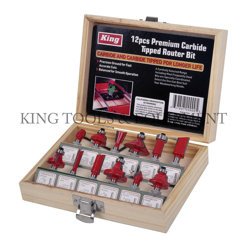 KING 12-pc Premium CARBIDE TIPPED ROUTER BIT SET w/ Wooden Box