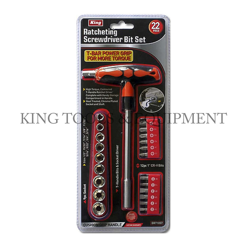 KING 22-pc SCREWDRIVER BIT SET w/ T-Handle (SAE, Slotted & Phillips)