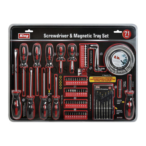 KING 71-pc Complete SCREWDRIVER and BIT SET w/ Ratchet Handle & Magnetic Tray