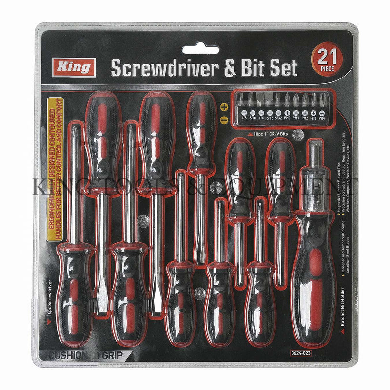 KING 21-pc SCREWDRIVER and BIT SET w/ Ratchet Handle, Slotted SAE & Phillips